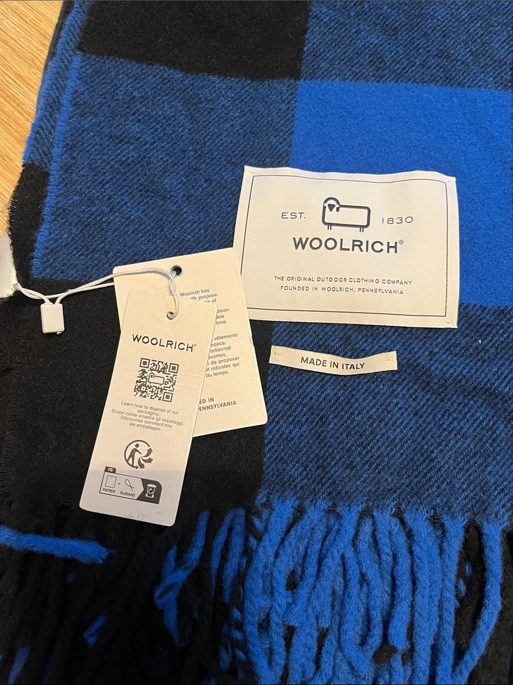 Woolrich Black and Royal Blue Checked Fringe Scarf